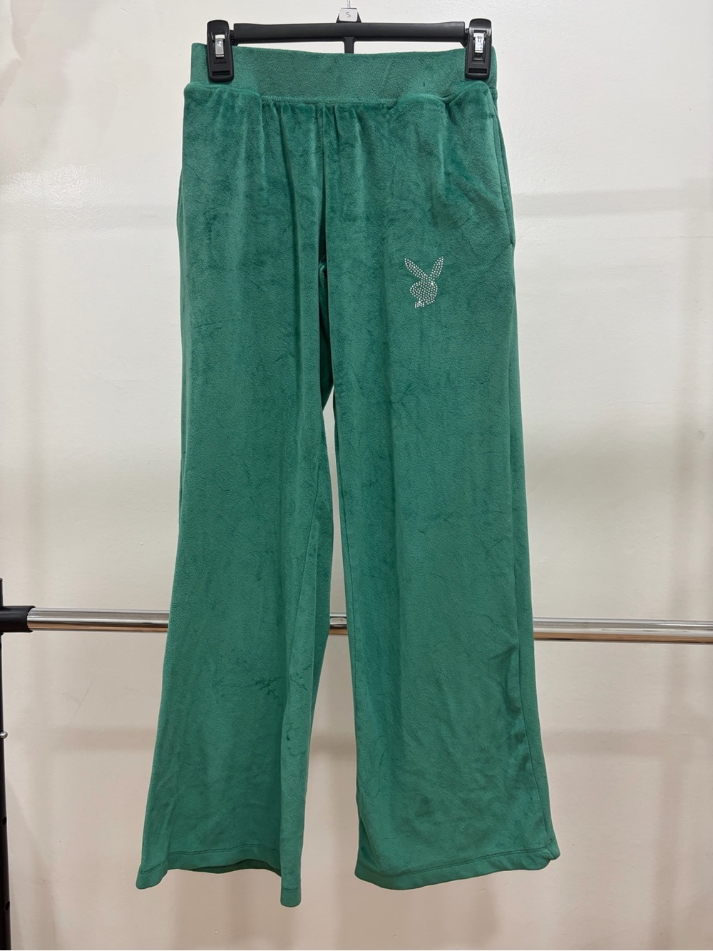 PLAYBOY Green Plush Track Pants with Rhinestone Bunny